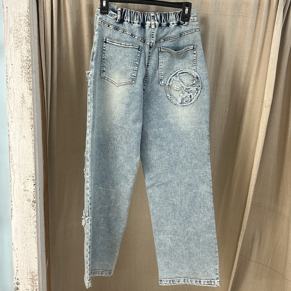 NWT Light Wash Peace Sign Patch Work Jeans - Davi & Dani - Picture 2 of 10